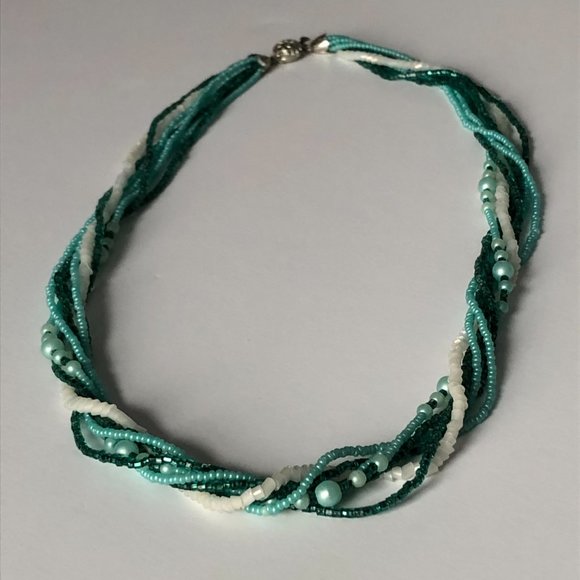 Handmade 7 strand beaded necklace in shades of green & white - Picture 3 of 10